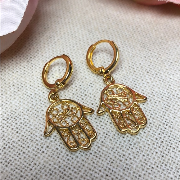 🧿Gold Boho Hamsa Hand Protection Earrings - Picture 2 of 8